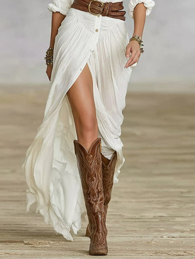 Karolína – Dlhé závojové šaty s opaskom a skladanými manžetami z bavlny a ľanu